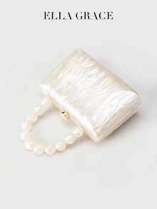 ELLA GRACE-Acrylic Shell Pattern Clutch Bag With Pearl Handle And Detachable Chain Strap, Elegant Rectangular Evening Purse For Wedding And Banquet - White - View 6