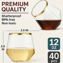40-Count 12 Ounce Gold Rim Diamond Shape Stemless Plastic Wine Glasses, Break Resistant, Disposable & Reusable, Ideal For Home & Wedding