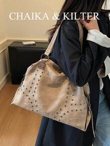 CHAIKA & KILTER 1 件纯色 PU 面料单肩包，女士复古休闲大容量单肩托特包，大学生书包，拼接铆钉装饰，双手柄设计，拉链开合，适合日常购物 - 卡其色 - 查看 7