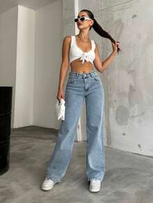 Women's Black High Waist Palazzo Jeans - Blue - View 7