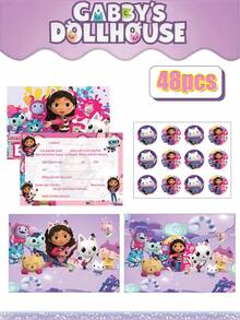 Gabby's Dollhouse Thème de la maison de poupée de Gabby - Nouvelle carte d'invitation de fête de dessin animé, enveloppe, autocollants. Diverses cartes d'invitation de fête colorées imprimées de dessins animés, convenant pour offrir des cadeaux à des amis et à la famille pendant la rentrée scolaire, Halloween, Thanksgiving, Noël et les fêtes.