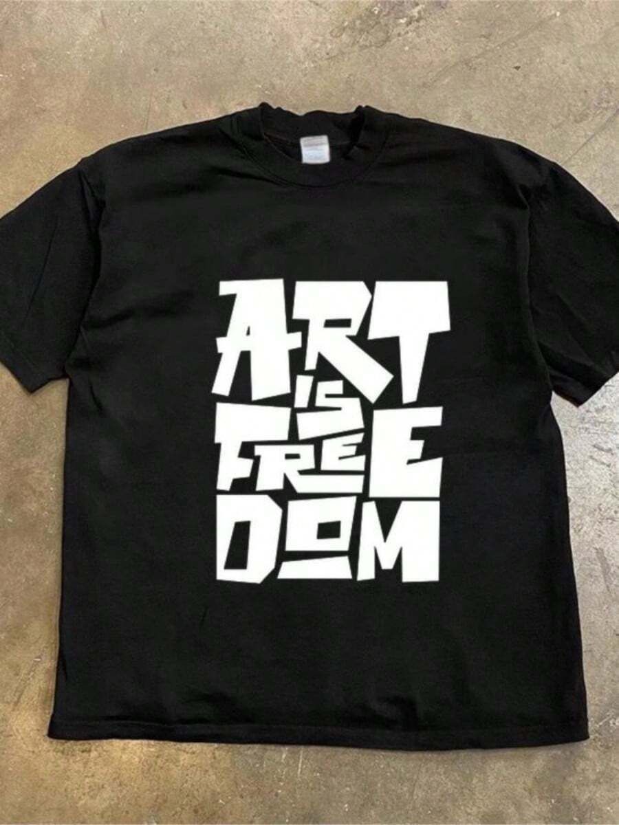 2025 New Streetwear T-Shirt Gothic Casual Cotton Long SLeesved Short SLeesved Top Unisexs Harajuku Letter Printed Oversized - 黑色 - 查看 1