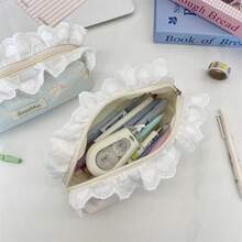 1 bolsa para lápis com estampa de gato e renda, grande capacidade, design colorido e portátil, adequada para cenários de armazenamento de papelaria, caixa de papelaria/organizador de estojo de lápis