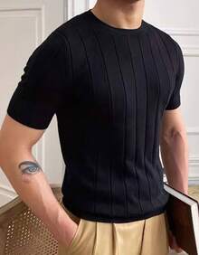 Men's Casual Crew Neck Solid Color Short Sleeve Knit T-Shirt - màu đen - Xem 3
