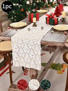 1pc White Gold Foil Christmas Tree Thin Rectangular Table Runner, Polyester Solid Color Decorative Table Runner, Suitable For Home Decor Like Dining Table, TV Stand, Coffee Table, Room Decor, Christmas Decor, Christmas Gifts - Multicolor - View 13