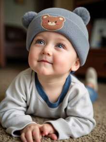 新生儿小熊针织帽，儿童针织帽，男女宝宝通用配饰，童帽，弹性幼儿男女童帽，秋冬季 - 彩色 - 查看 5