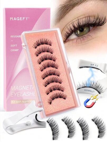 MAGEFY 3/2 Pairs Magnetic Eyelashes, Natural Look, With Eyelash Brush, Thin Cat Eye Style, Reusable, No Glue Or Eyeliner Needed, Soft Criss-Cross Lashes, Cartoon Style, Delicate Lash Makeup, Elegant Packaging, Suitable For Holiday Gifts (Please Try Patiently For First-Time Use)