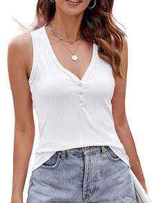 KAHULE Womens Ribbed Knit Tank Tops V Neck Sleeveless Sunmmer Casual Tops - 白色 - 查看 2