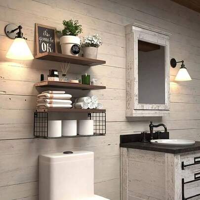 3-Tier Bathroom Wall Mounted Storage Rack With Metal Baskets - Modern Floating Wooden Shelves, Suitable For Over Toilet Storage, Space Saving, Multi-Layer Design, Bathroom Floating Shelf, Toiletries Storage, Minimalist Design, Smooth Finish, Floating Shelf