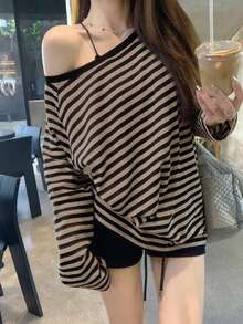 Women Spring Korean Loose Striped Off Shoulder Long Sleeve T-Shirt Top - Black - View 2
