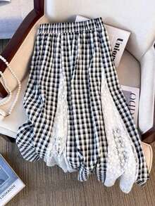 时尚蕾丝镂空拼接黑白格子A字褶裙 - 黑與白 - 查看 9