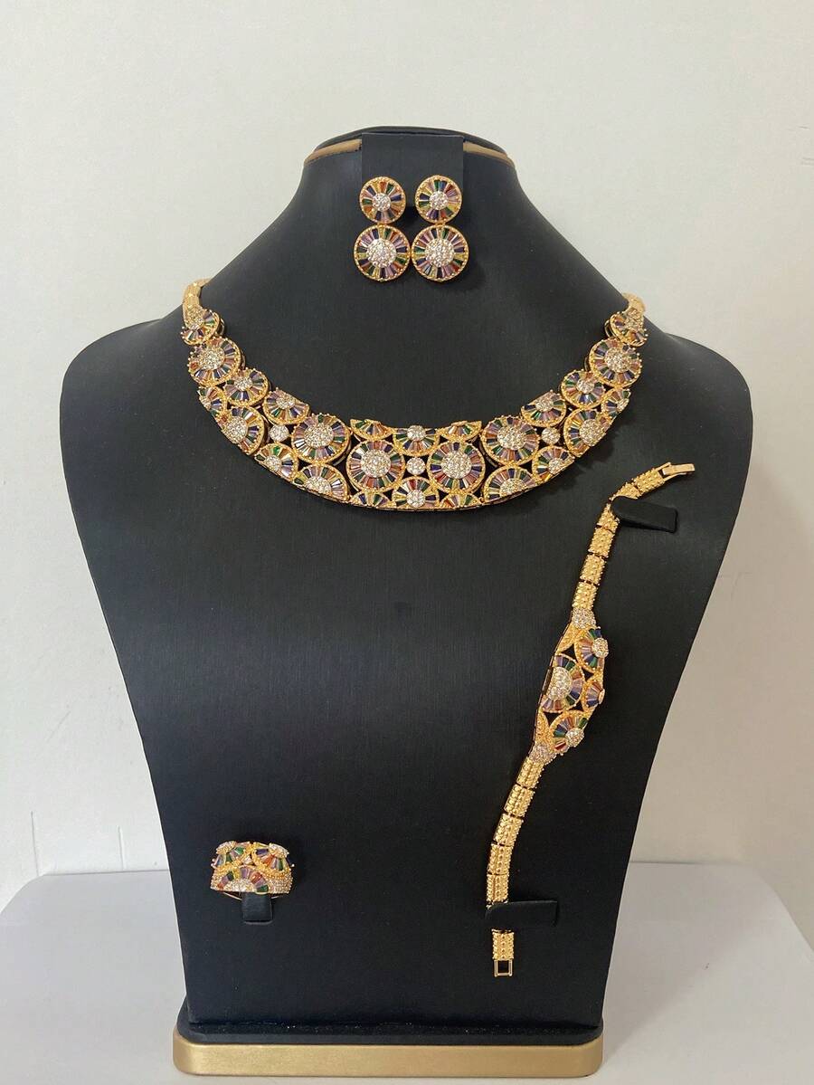 4件套奢华蓝色锆石首饰套装，项链，耳环，戒指，手链，新娘礼服，婚礼，迪拜，中东阿拉伯晚礼服 - 銀色 - 查看 1