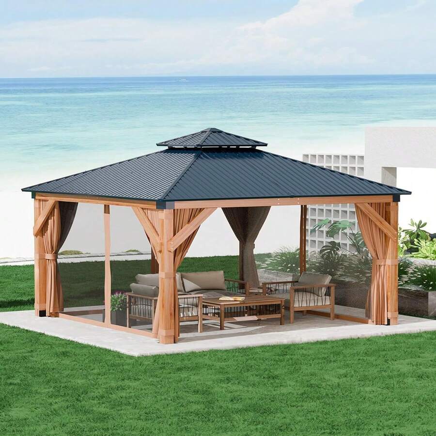 Hardtop Spruce Wood Gazebo 10'x10', With Double Roof Of Metal Sheets, 4.7'' Heavy Duty Poles, Net, And Curtain, Permanent Building For Patio, Deck, Backyard, Lawn, And Garden, Khaki - Khaki - View 1