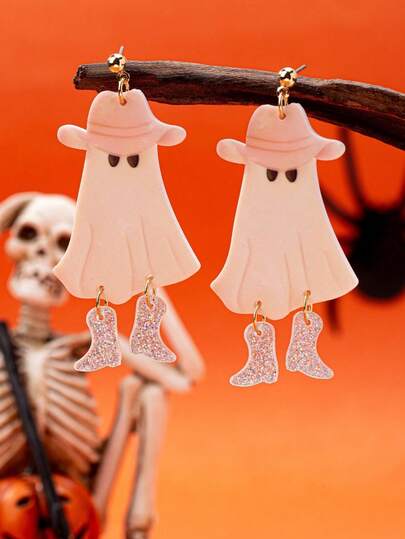 1 Pair Cute Halloween Acrylic Earring - Cowgirl Cowboy Ghost Dangle Earring Suitable For Halloween Costume Party