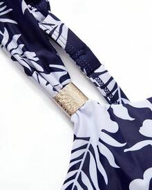 High Waisted Ruffle Tankini Swimsuit Plus Size Tummy Control - Navy Blue Leaf - View 9