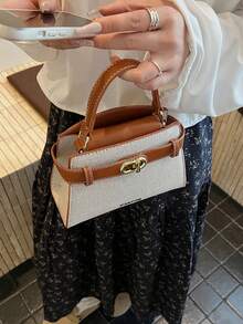 时尚休闲百搭便携单肩包/斜挎包/顶部手柄撞色女士小方包 - 棕色 - 查看 4