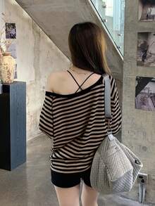 Women Spring Korean Loose Striped Off Shoulder Long Sleeve T-Shirt Top - Black - View 10