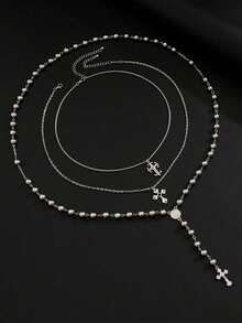 3pcs/Set Vintage Multilayer Cross Pendant Necklace Set, Fashionable Y-Shaped Necklace, Hip-Hop, Versatile, Minimalist, Bead Chain Necklace For Men/Women, Fashion Jewelry