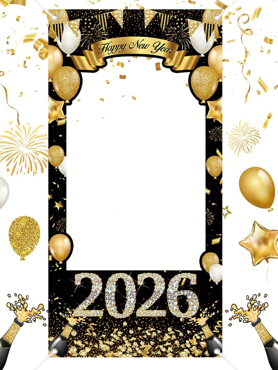 1 件 2026 年新年照片展架横幅，60x120 厘米黑金闪光水钻新年派对照片背景，涤纶面料，新年快乐照片道具，新年前夜派对用品，2026 年新年快乐装饰
