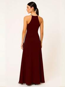 Long Sleeve Party Dress Long Bridesmaid Wedding Slit - 紅木色 - 查看 3