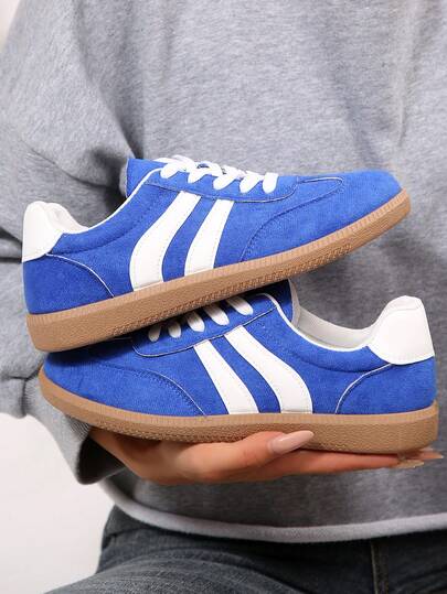 女士休闲低帮运动鞋 - 蓝色合成材料，系带设计，圆头，适合所有季节的舒适步行鞋，休闲鞋 | 时尚休闲鞋 | 网眼衬里鞋