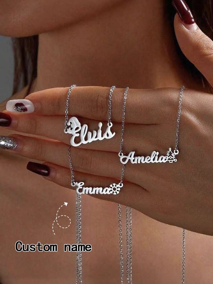 1pc Customized Name Necklace / Christmas Theme Necklace / Gold Name Necklace / Delicate Necklace / Personalized Name Necklace / Gift For Her / Christmas Gift - Silver - View 1