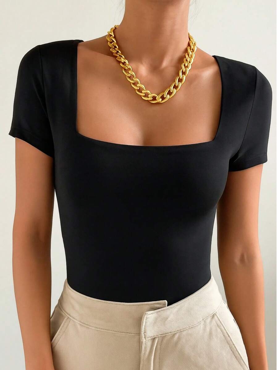 Women's Bodysuit With Square Neckline, Short Sleeves, Elegant, Fitted To The Body, Versatile And Timeless, Ideal For Casual Or Sophisticated Looks With A Minimalist Touch - 黑色 - 查看 1