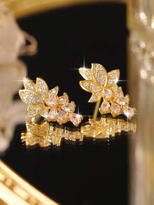 jealous young 1 đôi hoa mạ vàng sang trọng đính đá Cubic Zirconia sáng bóng dành cho nữ, thích hợp cho đám cưới, kỷ niệm, sinh nhật, quà tặng - Vàng - Xem 7