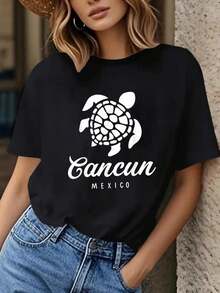100% Algodón Camiseta Unisex Cancún México Vacaciones y Crucero con Tortuga Marina, Camisetas Gráficas - Camiseta de Manga Corta Impresa - Negro - Ver 1