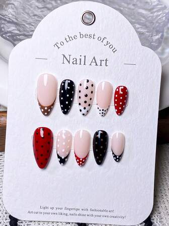 10 Pieces Of Handcrafted Press-On Short Nails, Short Nails, French Nail Tips, Red Nails, Black Nails, Brown Nails, Yellow Nails, White Nails, Pink Nails, Polka Dot Nails, Cute Nails, With Nail Art Tools, Best-Selling Almond-Shaped Nail Stickers For Ladies And Girls