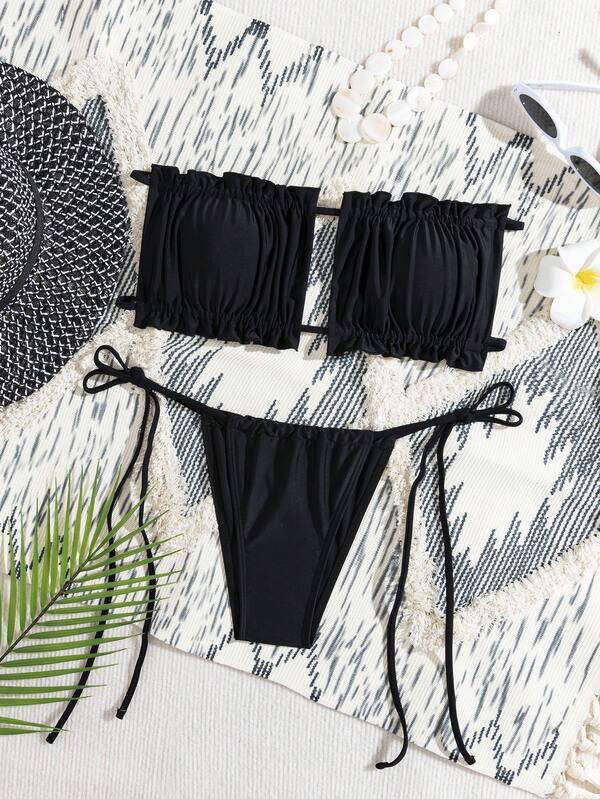 Conjunto de traje de baño de vacaciones y playa para mujer con volantes y lazo en la parte trasera, de unicolor