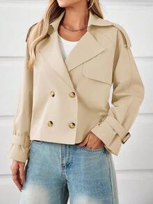 Womens Oversized Cropped Trench Coat Double Breasted Lapel Long Sleeve Short Jacket Outwear - Apricot - View 3