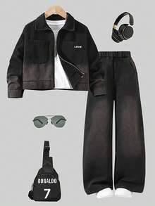 2pcs/Set Casual Fashion Street Style Letter Print Pocket Zip Up Denim Jacket And Straight Leg Denim Pants For Teenage Girls