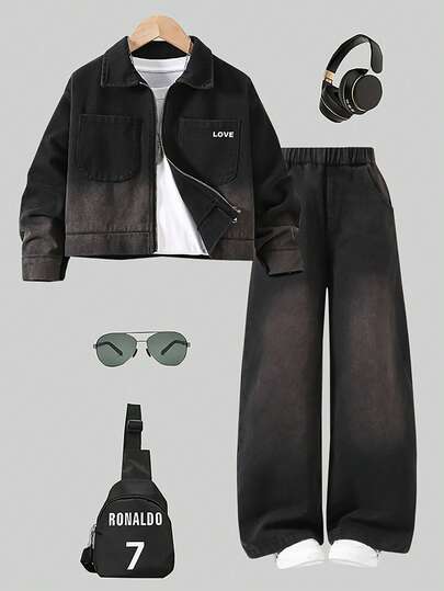 2 sztuki/zestaw casualowej, modnej, ulicznej kurtki jeansowej z kieszenią i nadrukiem w kształcie litery oraz prostymi nogawkami dla nastoletnich dziewcząt