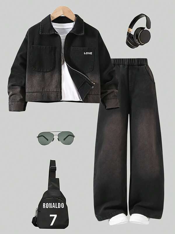 2pcs/Set Casual Fashion Street Style Letter Print Pocket Zip Up Denim Jacket And Straight Leg Denim Pants For Teenage Girls