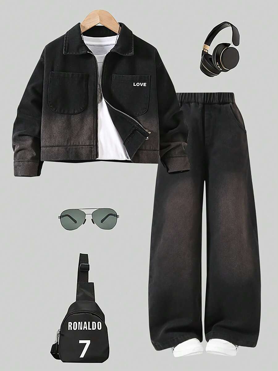 2pcs/Set Casual Fashion Street Style Letter Print Pocket Zip Up Denim Jacket And Straight Leg Denim Pants For Teenage Girls