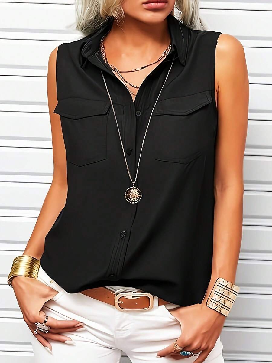 Women's Shirt Lapel Sleeveless Shirt Is Suitable For Home And Out, Versatile Shirt - màu đen - Xem 1