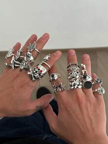 Bộ 13/20/21 chiếc nhẫn hình đầu lâu nhện phong cách Halloween cổ điển mới, nhẫn đeo đốt ngón tay phong cách punk retro, quà tặng ngày lễ, phụ kiện quyến rũ cho phong cách đường phố. - Màu Bạc Cổ - Xem 4