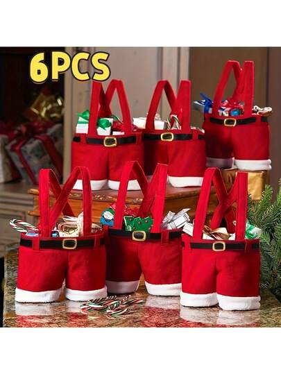 6PCS Santa Pants Gift Bag Set - Red & White Polyester With Golden Buckle, Reusable Party Favors & Festive Home Decor Christmas Christmas Decorations Christmas Pajamas Christmas Gifts Christmas Decor