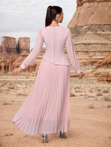 Elisanya 女士纯色圆领不对称下摆褶皱长裙，优雅长袖刺绣串珠礼服，适合宴会和派对 - 粉色 - 查看 2