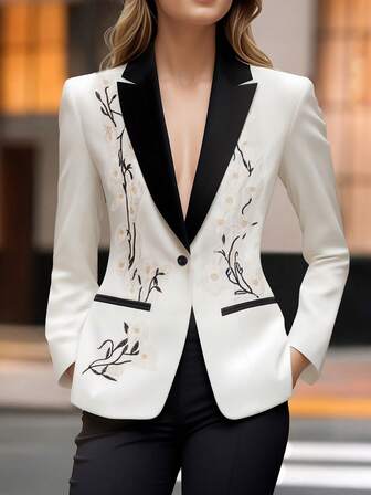 HOMEYEE Blazer Collar Long Sleeve Contrast Color Embroidery Casual Elegant Business Office Wear Top Jacket, Suitable For Autumn/Winter