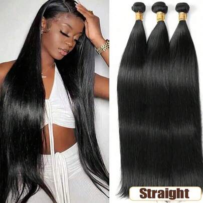 1束和3束装14"16"18"22"26"黑色直发接发，40% Yaki纹理自然黑色直发合成纤维，女士DIY发型