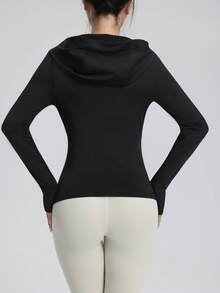 Damen Outdoor Lässig Sport Fitness Reißverschluss Langarm Kapuzenjacke mit Taschen und Daumenöffnungen