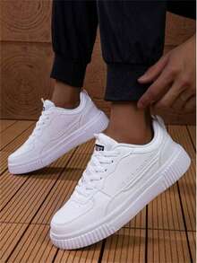 新款男士厚底滑板鞋时尚韩版四季运动鞋时尚透气小白鞋平底滑板鞋百搭运动鞋 - 白色 - 查看 3