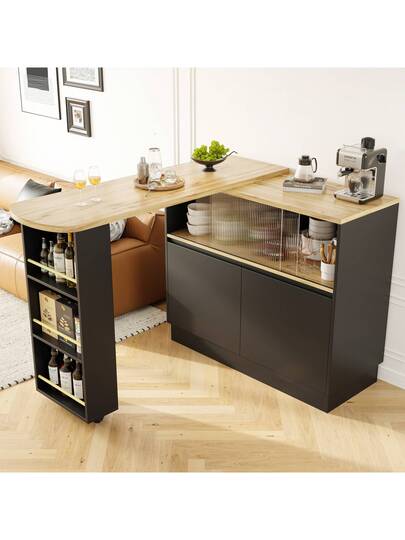 Sairedel 360° Rotating Sideboard Shelves Glass Moderne Serving Buffet 90x45x100 Cm Kitchen, Restaurant, Living Room Multifunctional Shelf, Bar Cabinet