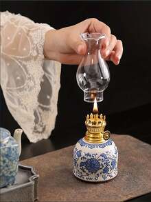 1 件可调节灯芯户外露营燃料灯、家用油灯、室内陶瓷蓝白花油灯、带灯芯的煤油灯、带火控旋钮的油灯/飓风灯 - 彩色 - 查看 6