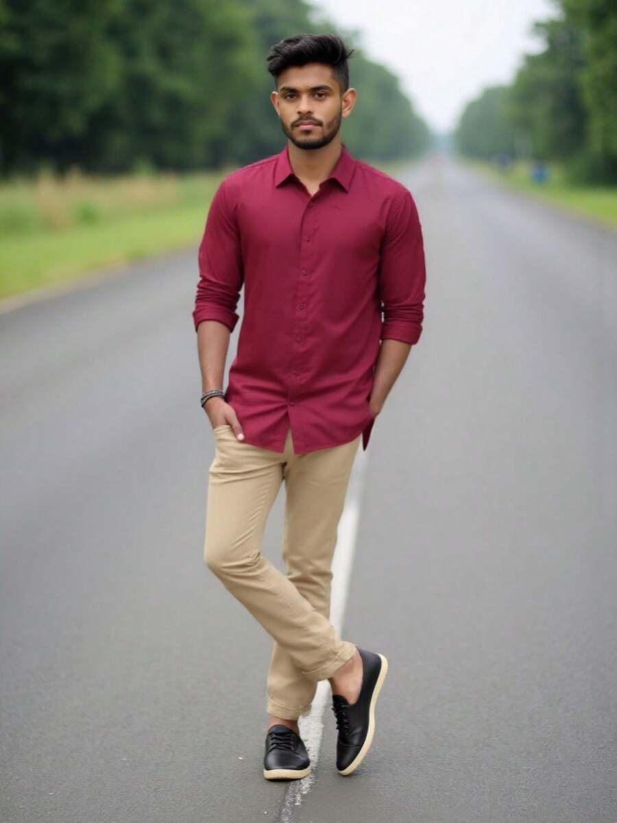 MEN'S SET KIT: TROUSERS + SLIM DRESS SHIRT - 米色+酒紅色 - 查看 1