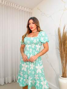 Short Dress/With Stretch/Puff Sleeves/Princess/Floral/Women's Fashion - Hijau - View 5