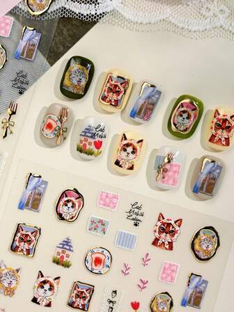 1pc 3D Vintage-Cat Nail Stickers, Self-Adhesive,D Illustrated-Cat & Gold Motifs For A Charming Manicure, DIY Decor For Women & Girls, Perfect For Playful DIY Nails & Gifting