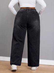 Elegant Straight Leg High Waist Black Jeans Daily Casual Outfit For Plus Size Women Wide Leg Affordable Denim Long Pants